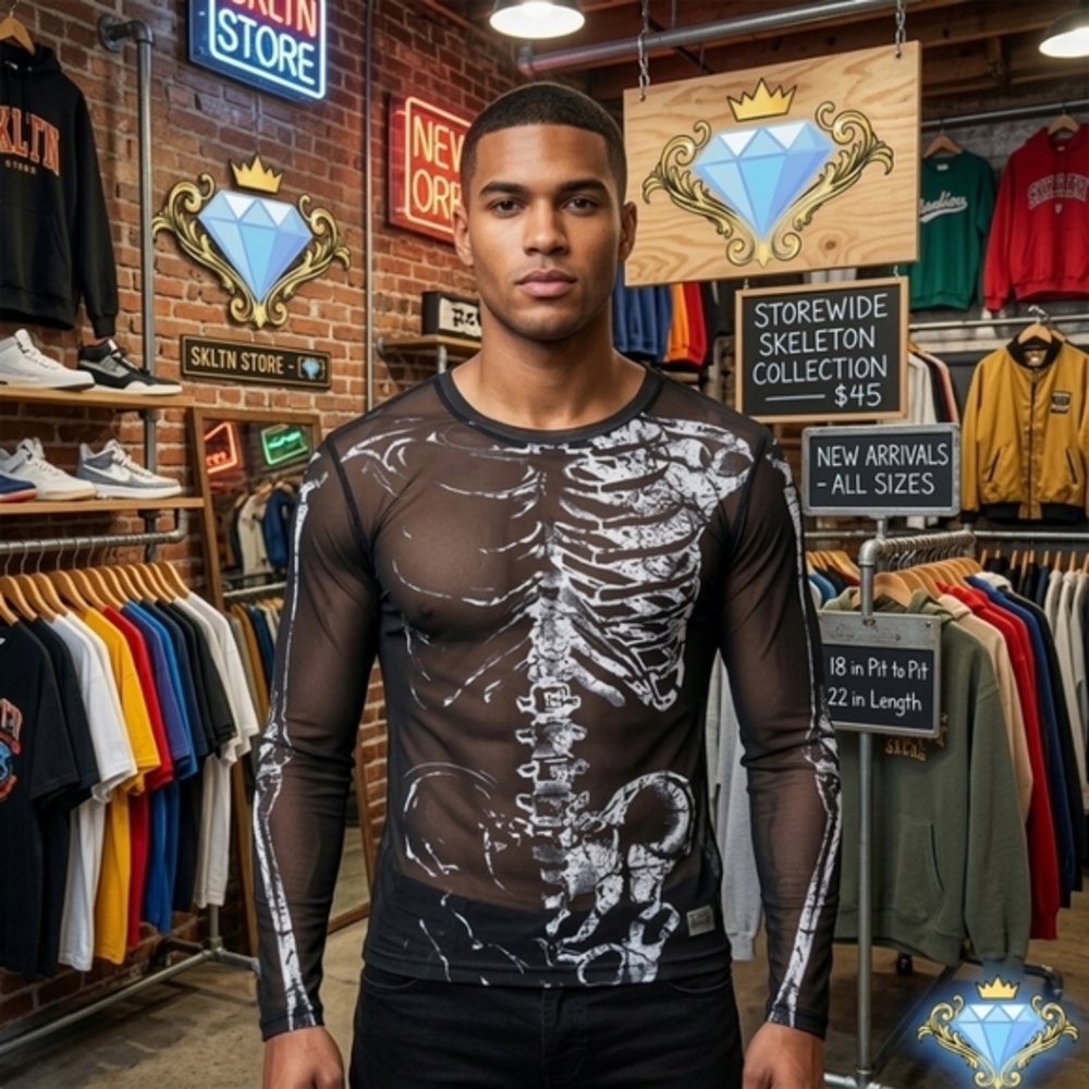 SHEIN Skeleton Graphic Mesh Long Sleeve Top - Size Large Mens Streetwear